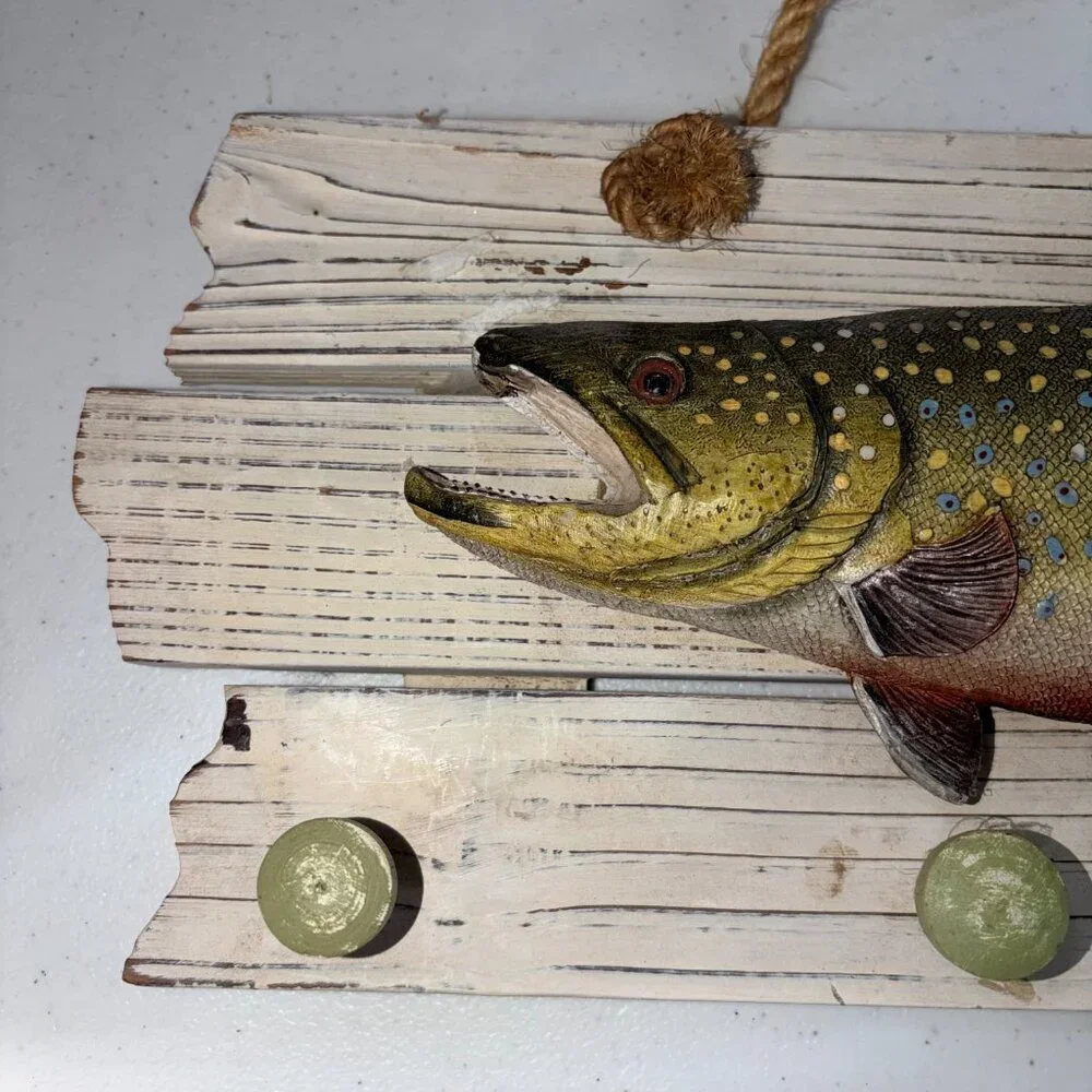 Brook Trout Resin Wall Art 4 Hooks Hanging Rack Realistic 2D Cabin Lodge Western
